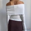 MAPLEPOET-Áo thun trễ vai dành cho nữ Gấp trên dài tay loe chắc chắn Slim Fit Ribbed Đan crop top