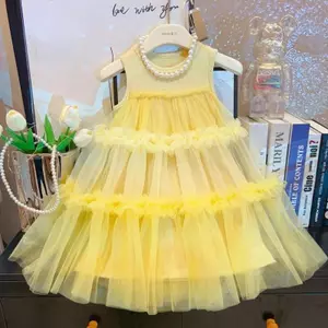 ✿ Bé Gái Màu Vàng Vải Tuyn Tầng Bánh Đầm Không Tay Gân Đan Bodice Trẻ Em Mùa Hè Công Chúa Dự Tiệc Choàng