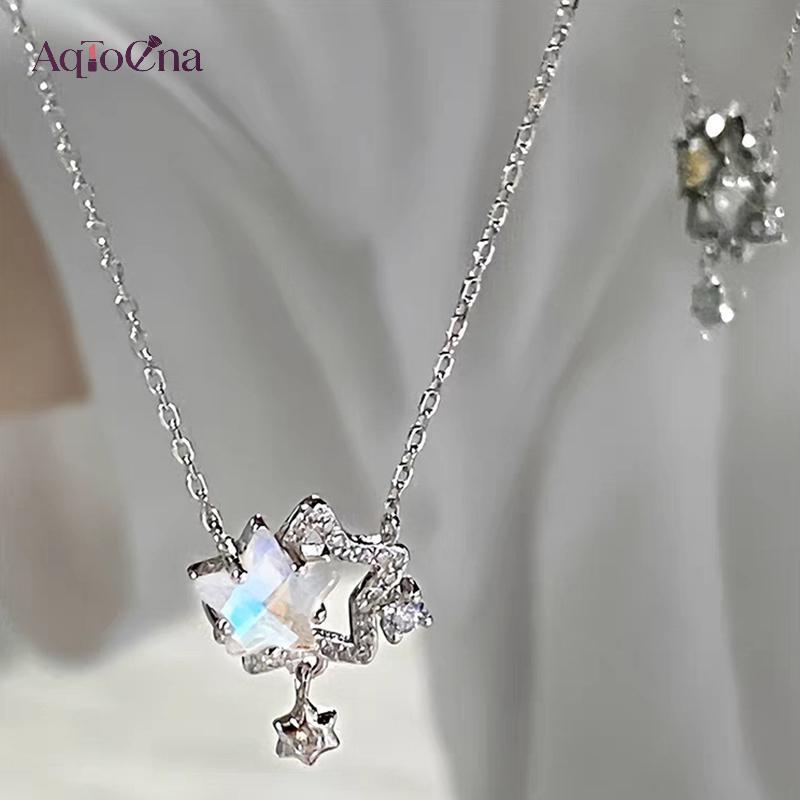 AqToCna Rỗng Kim Cương Giả Đôi Ngôi Sao Nelace Nữ Xương Đòn Dây Chuyền Thiết Kế Cảm Giác Cho Bạn Gái Trang Sức Dự Tiệc Lễ Tình Nhân Quà Tặng AqToCna