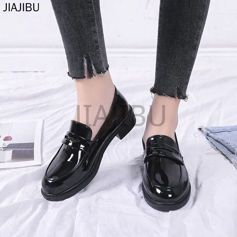 Size 34-44 Giày Lười Đế Dày Màu Đen Mũi Tròn Chống Trượt Thời Trang Hàn Quốc Dành Cho Nữ Cỡ Lớn Thường Ngày 43 Giày Da Mary Jane Đế Dày Cổ Điển, Màu Lì/bóng, Phong Cách Trường Học Anh Dành Cho Học Sinh 42 Giày Thuyền Cosplay Lolita Đồng Phục JK Nhật Bản