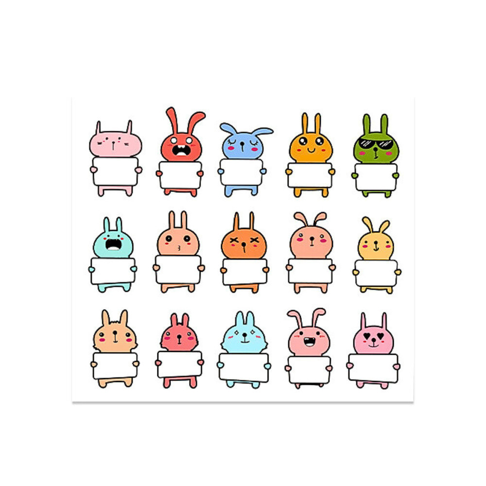 Sticker thỏ hoạt hình dễ thương TE76 tem dán nhiều màu có khung trắng ghi tên cho bé đi học