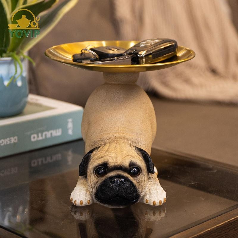 YOVIP Sáng Tạo Pug Tượng Khay Bảo Quản Dễ Thương Chìa Khóa Chó Kẹo Ăn Nhẹ Tấm Bảo Quản Động Vật Điêu Khắc Đồ Trang Trí Bàn Làm Việc Văn Phòng Trang Trí