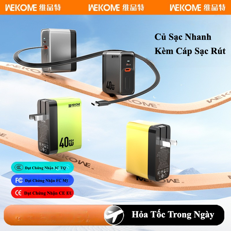 Củ Sạc nhanh GaN 40W - Hãng WEKOME- kèm dây rút – Type C dài 82cm - Sạc nhanh PD - Bảo hành 6 tháng