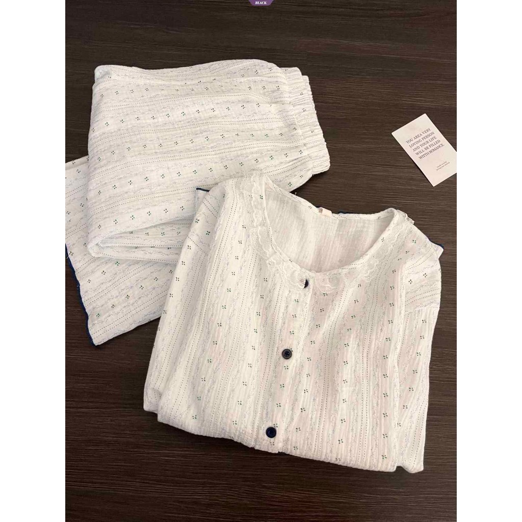 Bộ đồ ngủ hoa ren sọc nữ, quần dài tay, style Nhật Bản phù hợp xuân thu