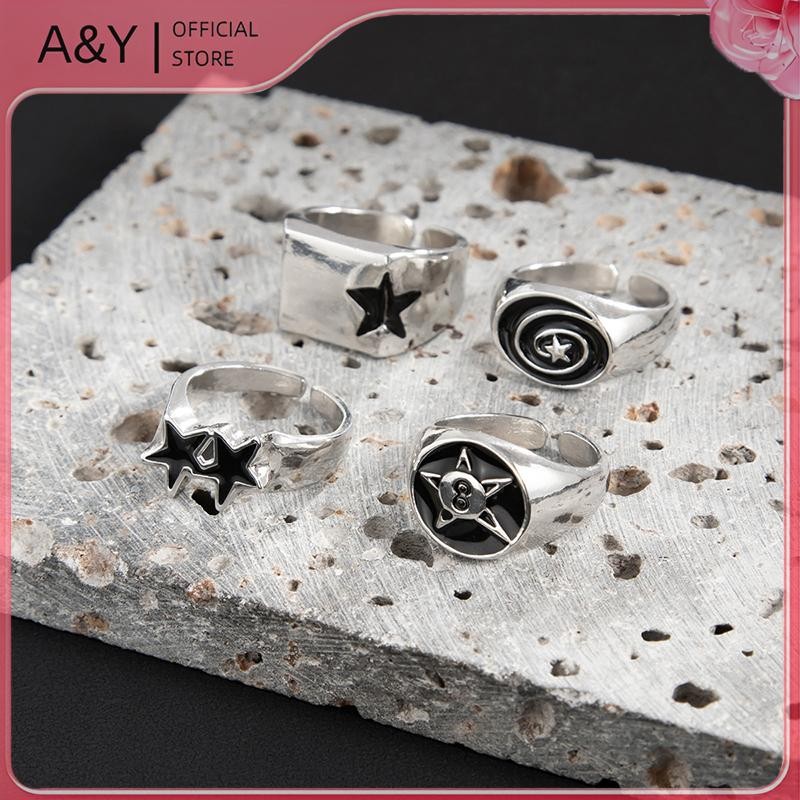 A & Y - Bộ 4 nhẫn ngôi sao năm cánh màu đen và bạc dành cho nam, phù hợp làm quà tặng.
