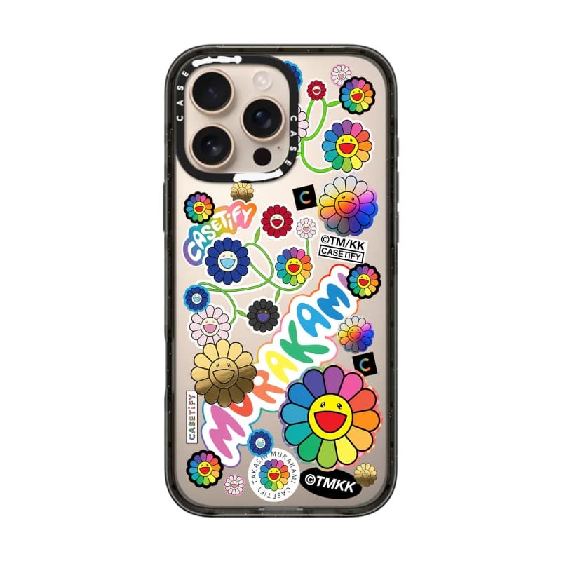 TAKASHI MURAKAMI x CASECASE: HOA BLOOM FLOWERS STICKER MANIA Black Edge Clear Hard Từ Hút Tác Động Dành Cho Apple IPhone 12 13 14 15 16 17 Pro Max Air Plus Có Hộp