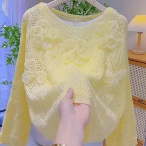 Áo len nữ mùa thu mới dệt kim giảm béo ngọt ngào và thời trang áo thun nối dáng rộng thông thường