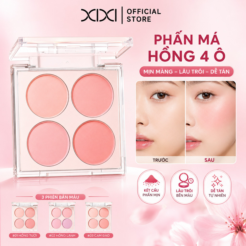 XIXI D674 Bảng Má Hồng 4 Ô Blush Tự Nhiên, Phấn Má Mịn Nhẹ Dễ Tán, Trang Điểm Má Hồng Trong Trẻo