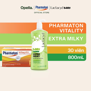 Bộ 1 Thực Phẩm Bảo Vệ Sức Khỏe Pharmaton Vitality Dạng Vỉ Hộp 50 Viên + Sữa Tắm Gội Trẻ Em Lactacyd Milky 800ml