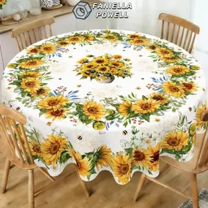 Khăn trải bàn bằng vải Polyester FANIELLAPOWELL, Khăn trải bàn tròn có thể giặt được 150cm, Chống vết bẩn in hoa hướng dương bền bỉ Dễ dàng làm sạch Khăn trải bàn đa năng Tiệc khách sạn
