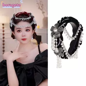 Mũ đội đầu cô dâu BORAGETE, Băng đô tua rua định dạng rộng có thể tháo rời, Băng đô phong cách dân tộc Băng đô hoa
