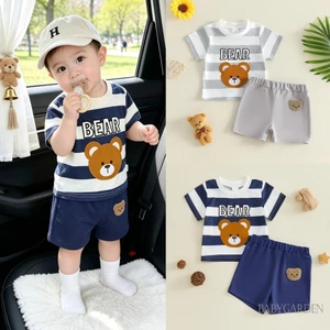 Bộ đồ mùa hè cho bé trai Áo thun ngắn tay thêu chữ gấu và quần Short co giãn