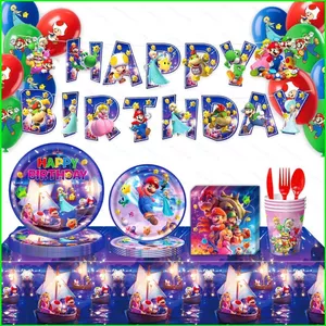 YB2 2026 Super Mario Galaxy Movie Party trang trí khăn trải bàn biểu ngữ nĩa đĩa khăn ăn bóng bay