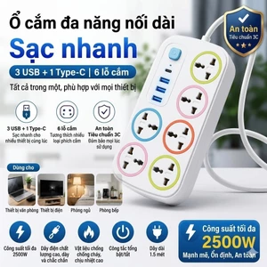 Ổ Cắm Điện Đa Năng 6 Lỗ Kèm 4 USB 1 Type-C - Phích Dẹt Chịu Tải 2300W ✨Luyoo25.vn✨