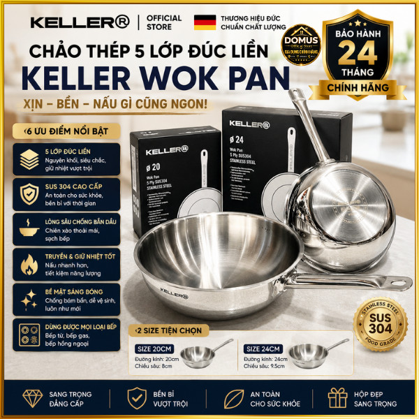Chảo Thép 5 Lớp Đúc Liền Keller SUS304 Lòng Sâu 20/24cm Hàng Chính Hãng Đức Bảo Hành 24 Tháng