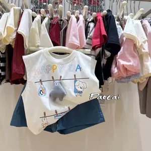 Bé trai (80-140) Áo Vest không tay in hình búp bê ba chiều + Quần short () Bộ đồ thường ngày