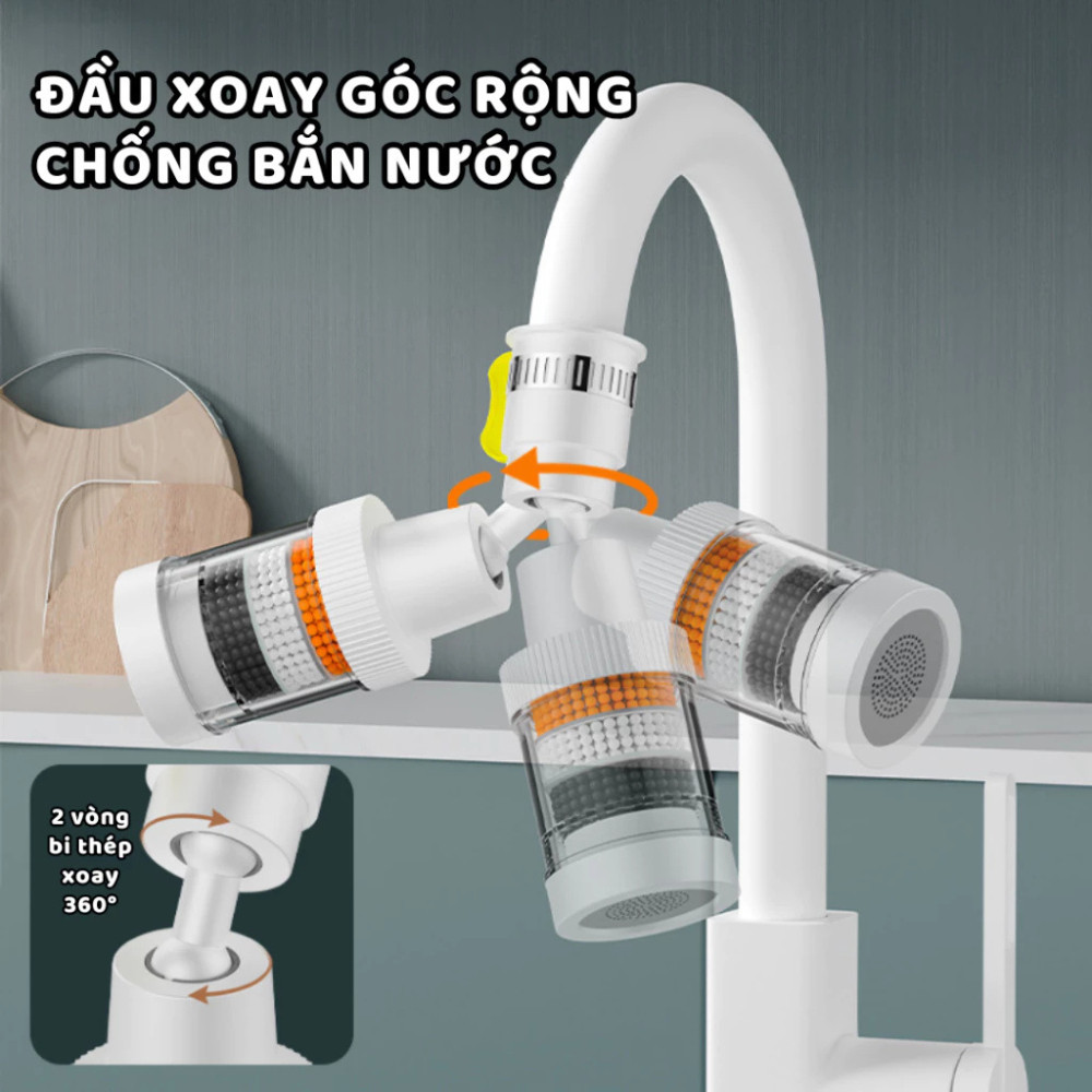 Đầu Vòi Lọc Nước 3 Lớp Xoay 360° HOMIE, Lọc Sạch Tạp Chất, Tiết Kiệm Nước, Chống Bắn, Dễ Lắp Đặt