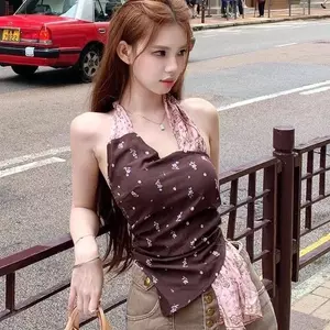 Khăn lụa phong cách Hàn Quốc Hot Girl Khâu dây đeo cổ nữ in hình ngực Slim không đều @