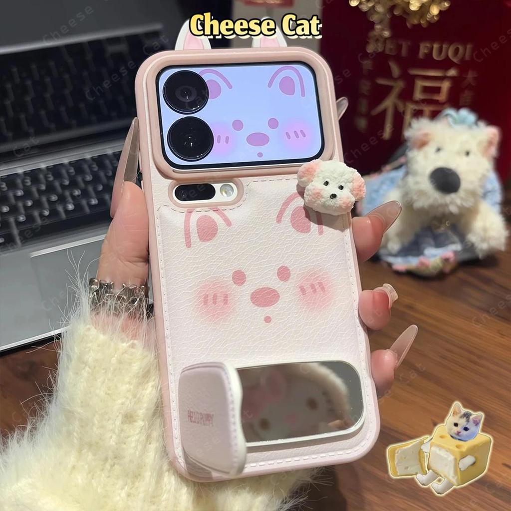 Gương Đứng Dễ Thương Tai Cún Con Màu Hồng Da Ốp Lưng Điện Thoại iPhone 17 11 12 13 14 15 Plus Xs Max XR 7Plus 16 Pro Max