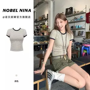 Phiên bản Hàn Quốc Áo thun ngắn tay cổ tròn sọc màu tương phản dành cho nữ mùa hè Phong cách mới Slim-Fit High-En