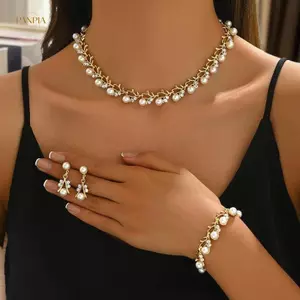 PNPIA- 3 Cái / bộ Thời Trang Retro Nữ Bộ Trang Sức Kim Cương Giả Ngọc Trai Nhân Tạo Tiệc Cưới Cưới Nelace Vòng Tay Bông Tai