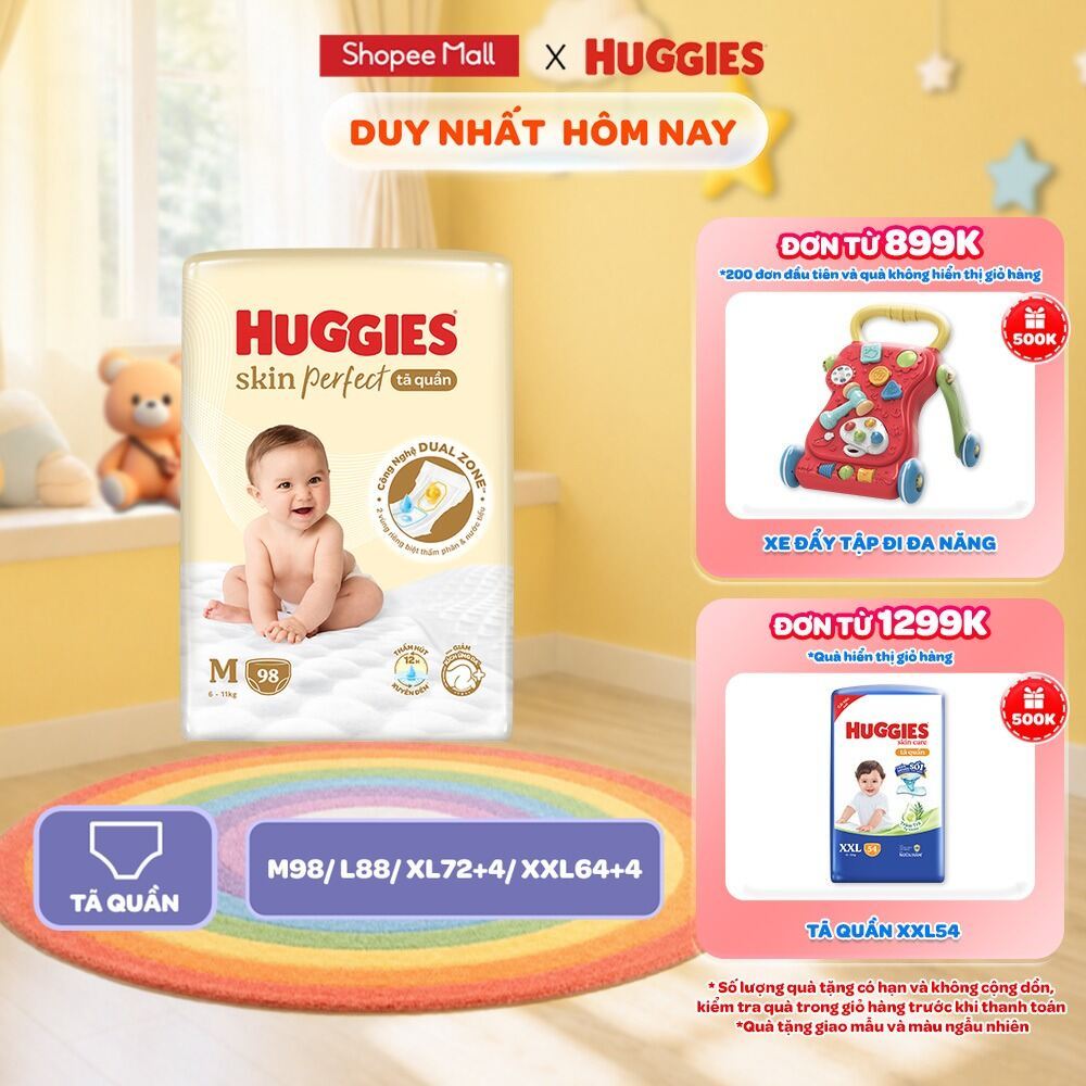 Tã quần Huggies Skin Perfect Mega Jumbo cỡ M/L/XL/XXL với 2 vùng thấm giảm kích ứng da