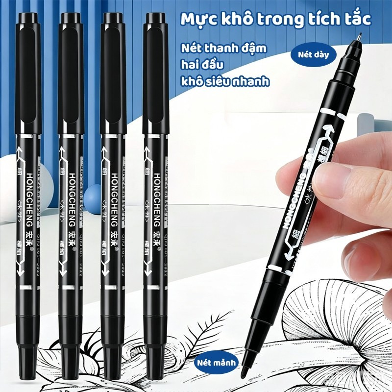 Bút Lông Dầu 2 Đầu Đánh Dấu Mực Đậm, Mực Nước Siêu Nhanh Khô Tranh Vẽ Mỹ Thuật Màu Đen/ Đỏ