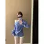 Áo sơ mi dài tay sọc xanh không đều dành cho nữ mùa thu Niche Slim-Fit Áo sơ mi Pure Desire