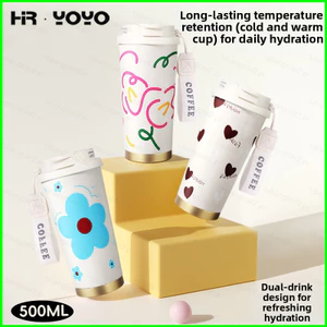 YB2 500 ML Dual Way Sip Thép không gỉ Tumbler Hoa Dễ Thương In Hình Trái Tim Cách Nhiệt Cốc Du Lịch Di Động