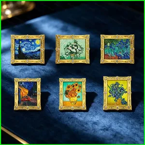 HT3 Van Gogh Men Kim Loại Kim Loại Tủ Lạnh Nam Châm Đêm Đầy Sao Hoa Hướng Dương Nghệ Thuật Trang Trí Nam Châm Nhà Quà Tặng TH3