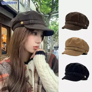 Bluelover Retro Da Lộn Mũ Nồi Cho Nữ Flat Top Newsboy Mũ Thu Đông Briti Sle Thường Ngày Có Thể Gập Lại Mũ Ấm Áp Mới
