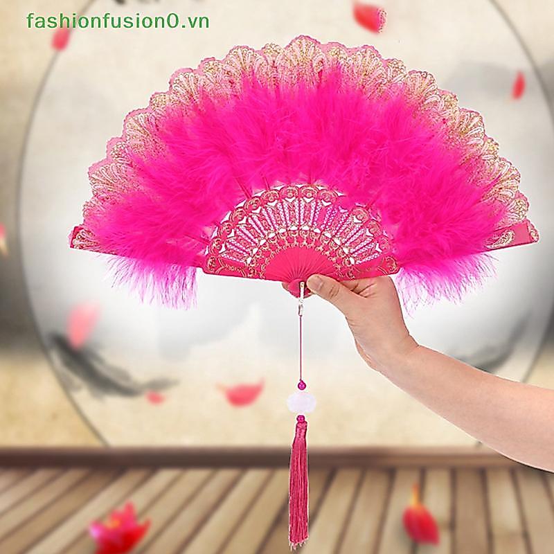 [FHF] Quạt gấp lông vũ Lolita Nhật Bản Cô gái cổ tích ngọt ngào Dark Gothic Court Dance Hand Fan có mặt dây chuyền Quà tặng Trang trí tiệc cưới MỚI