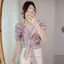 Áo sơ mi kẻ sọc ngắn tay kiểu Pháp mùa hè 2024 Thiết kế phong cách mới Sense Niche Tay phồng một vai Áo ngắn nữ