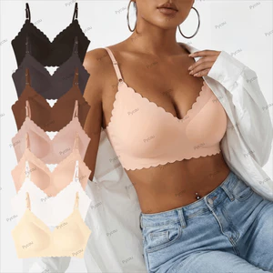 Áo ngực lụa băng PYKOU, Thiết kế cạnh sóng Nylon Áo ngực yếm không dây, Hỗ trợ ngực bên hông gợi cảm Vô hình mịn màng Không có vòng thép Mặt sau liền mạch Đồng thau hàng ngày