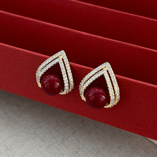 Bông tai ngọc trai và đá Burgundy hình học, style cổ điển cao cấp
