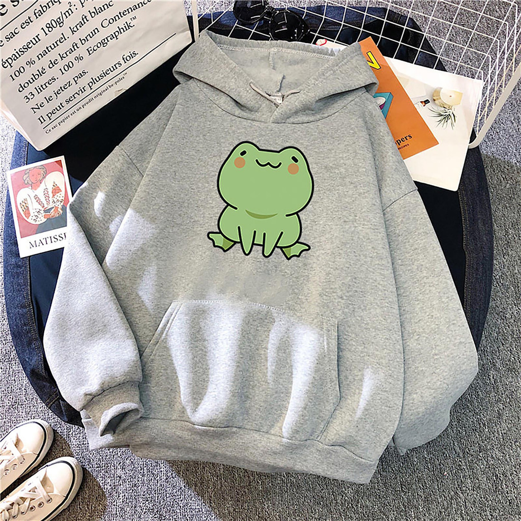 Áo hoodie nữ dài tay có mũ trùm đầu, thiết kế in hình ếch đáng yêu, phù hợp mùa thu