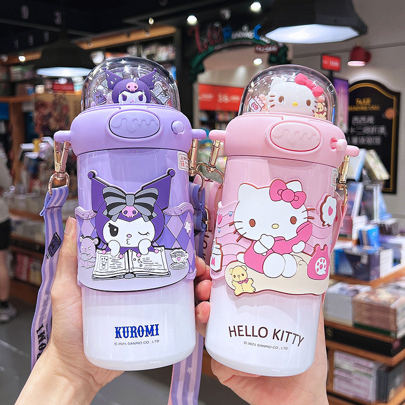 Bình Giữ Nhiệt Sanrio 580ml Dễ Thương Hello Kitty Kuromi Cinnamoroll Giai Điệu Hoạt Hình Dung Tích Lớn Ống Hút Bình Inox