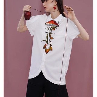 Retro Công Nghiệp Nặng Áo Sơ Mi Nữ Với Thắt Lưng Thêu Và Nơ