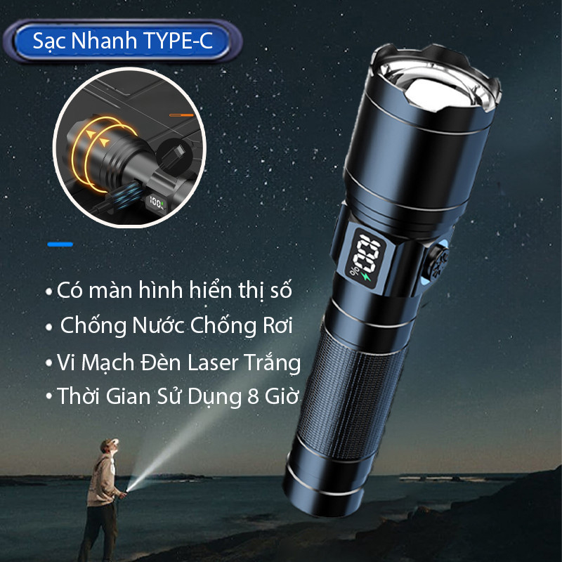 Đèn pin cầm tay siêu sáng, 1800mah pin dung lượng cao, màn hình LCD hiển thị pin, Bấc đèn nhập khẩu, Cổng Sạc TYPE-C