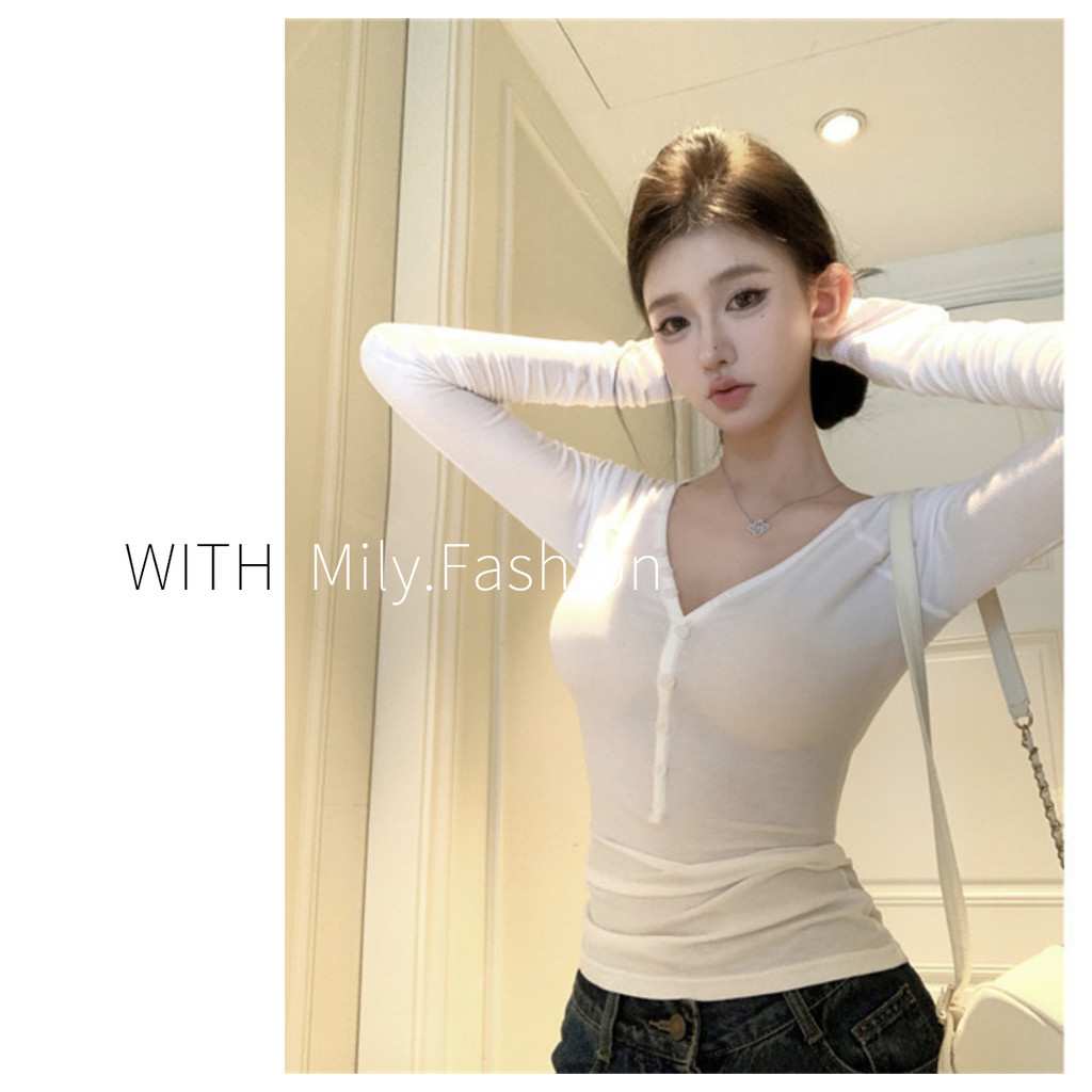 Milyfashion Pure Desire Dài Tay T Gợi Cảm Cổ Chữ V Lộ Xương Cổ Ôm Đáy Đơn Giản Phù Hợp Với Áo tee Cho Bé