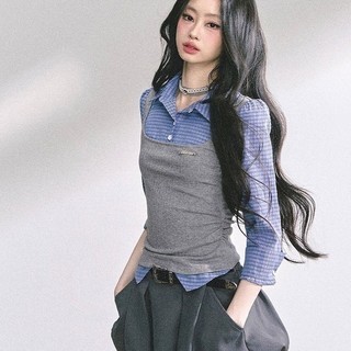 Áo sơ mi và váy giả hai mảnh bộ đồ hotgirl kẻ sọc cho thu đông 2025