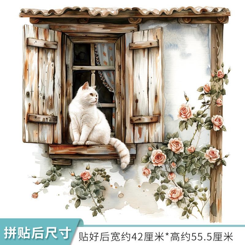 Dán Tường Mèo Windowsill - Hoa Hồng & Đề Can Cửa Sổ Giả Cho Phòng Khách Sofa Nền Tường & Trang Trí Phòng Trẻ Em