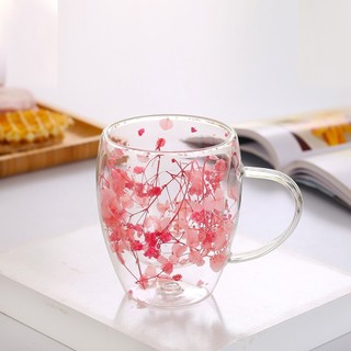 Cốc hoa khô thủy tinh hai lớp Borosilicate cao Cốc cà phê gia đình Cốc trà chịu nhiệt độ cao Hoa thật Cốc uống nước sáng tạo D4H3