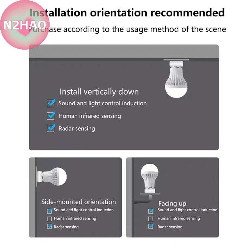 Đèn cảm biến chuyển động N2HAO E27 PIR 5W 9W 15W Bóng đèn LED có cảm biến chuyển động Máy dò chuyển động Đèn ngủ n