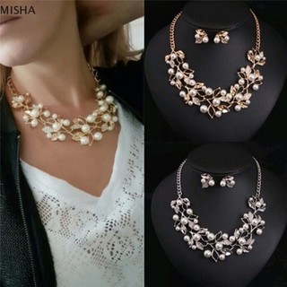 Misa Ngọc Trai Pha Lê Lá Vòng Cổ Bông Tai Nữ Thanh Lịch Sang Trọng Bộ Trang Sức