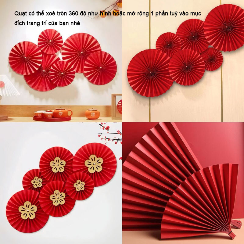 M6 Set 6 Quạt Giấy Đỏ Trang Trí Tết 2025 Dán Tường Đính Ngọc MALAN