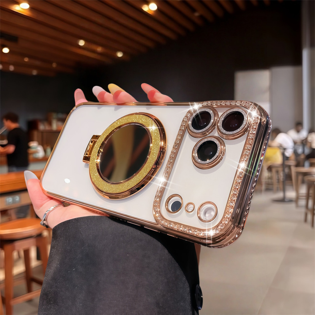 Ốp điện thoại giá đỡ gương màu hồng lấp lánh cho iPhone 17 12 13 14 15 16 Pro Max Air 15 16 plus Bảo vệ Camera ống kính Vỏ chống sốc Vỏ mềm TPU vỏ bảo vệ điện thoại