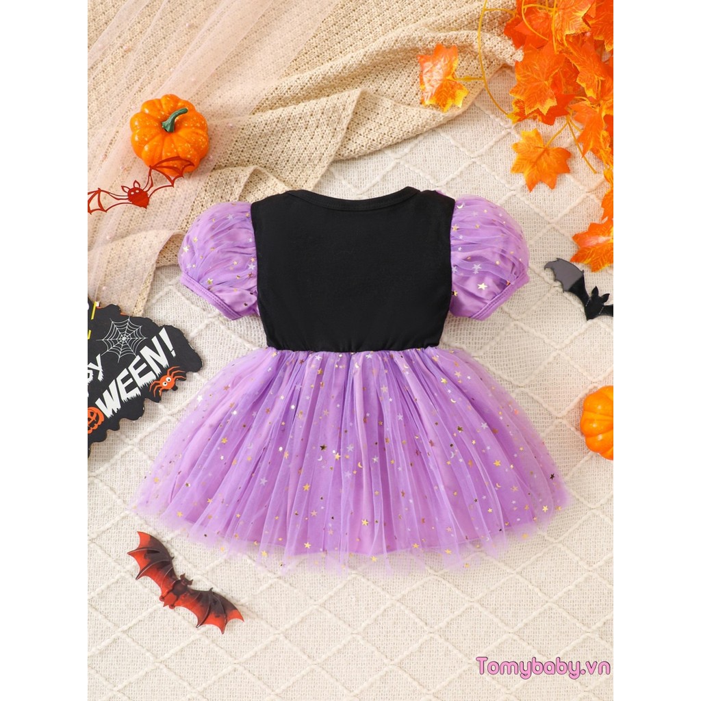 Bé Gái Halloween Một Dòng Đầm Ma In Chữ Ngắn Tay Phồng Tuyn Chắp Vá Váy
