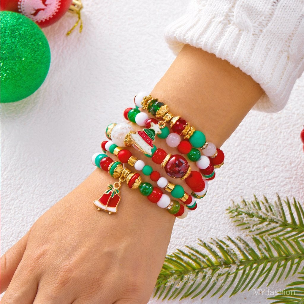 Cây Giáng Sinh dễ thương với người tuyết chuông hợp kim, mặt dây chuyền và vòng tay pha lê