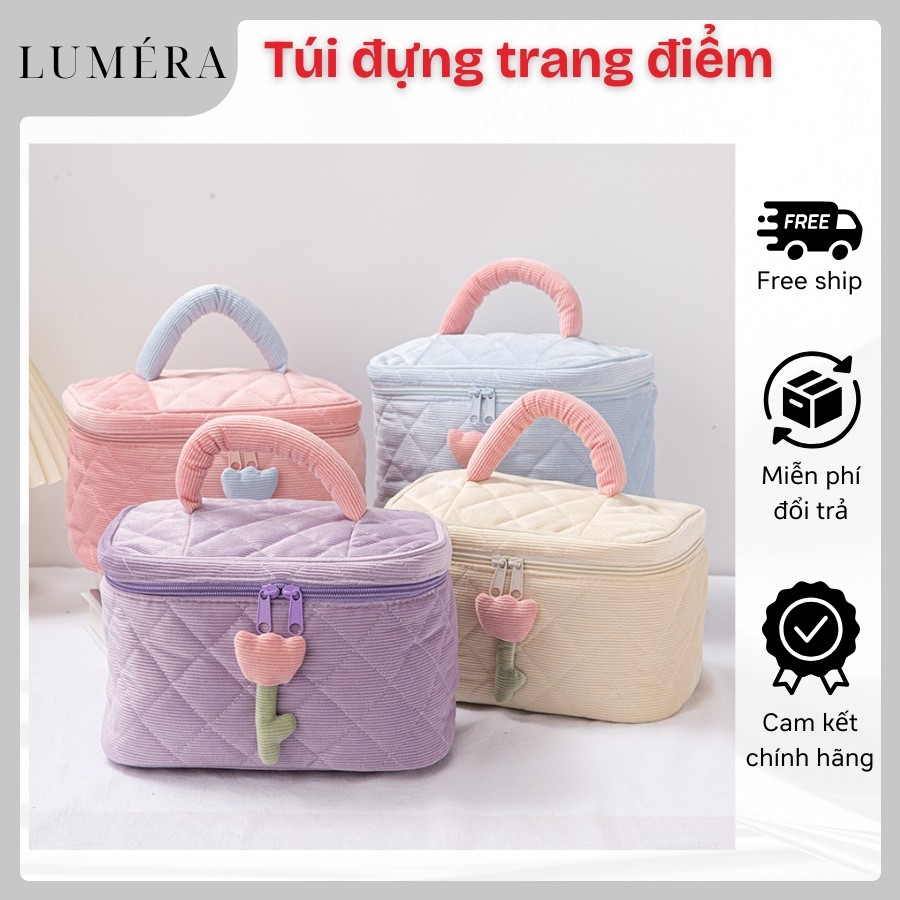 Túi Đựng Đồ Trang Điểm Makeup Cute Hoa Tulip, Túi Vải Đựng Mỹ Phẩm Có Quai Cầm Xách Tay